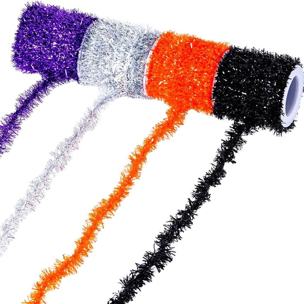 4 Rolls Thin Tinsel Garland Mini Metallic Garland Orange, Purple, Black, Silver,